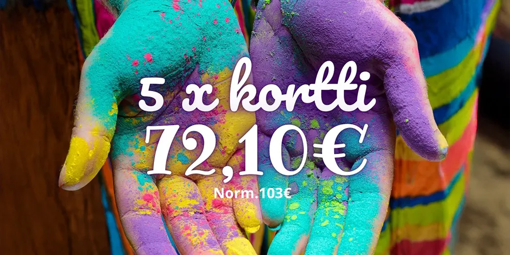Eri värisillä maaleilla värjätyissä käsissä on teksti 5 x kortti 72,10€